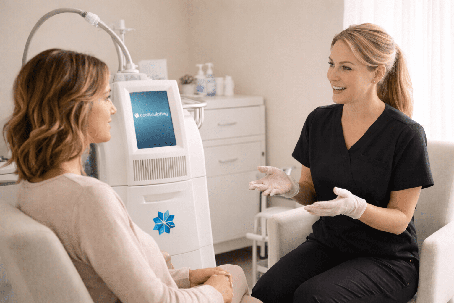 aesthetic provider explaining coolsculpting treatment to patient