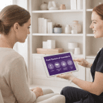 Provider showing Juvederm cost factors on tablet to client