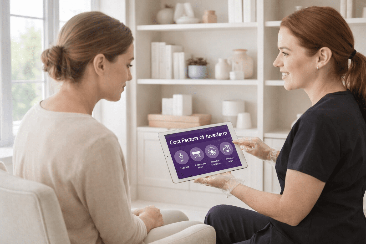provider showing juvederm cost factors on tablet to client