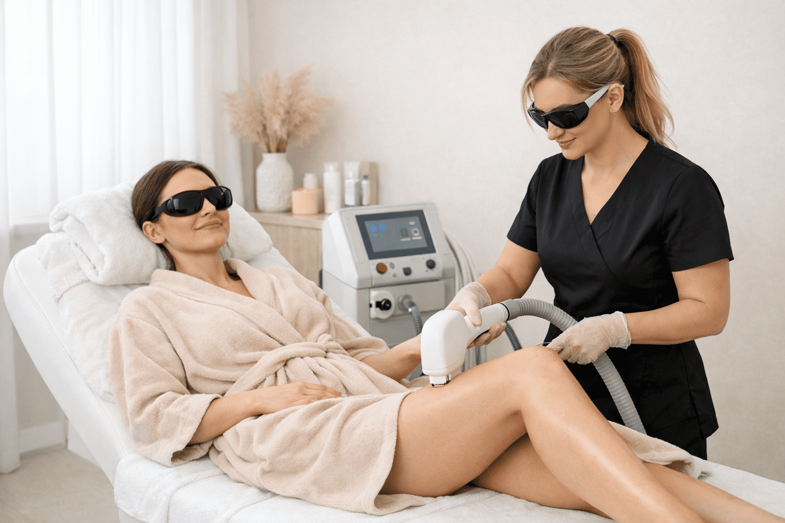 technician performing laser hair removal on patient’s leg