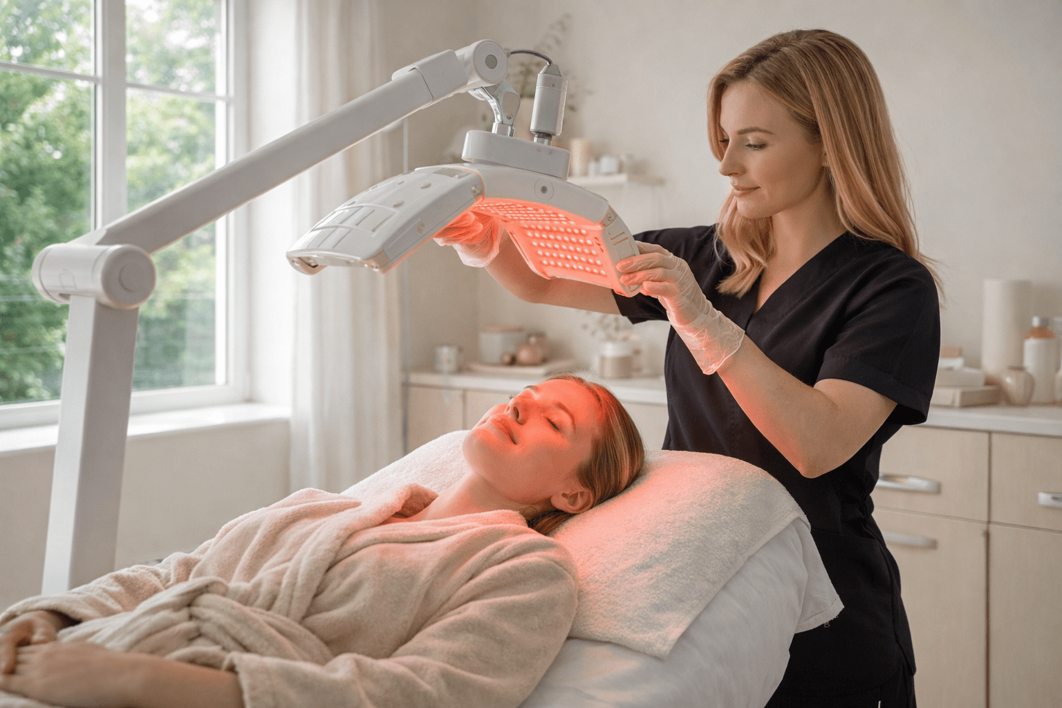 red light therapy device used on client during facial treatment