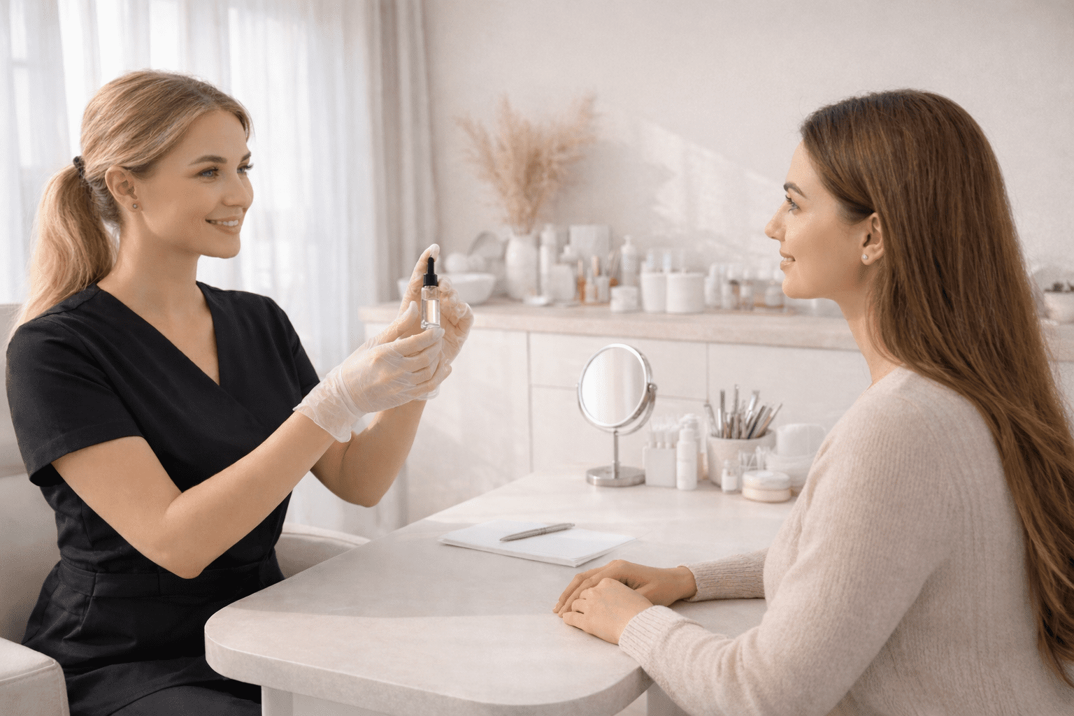 skincare specialist demonstrating serum product to client