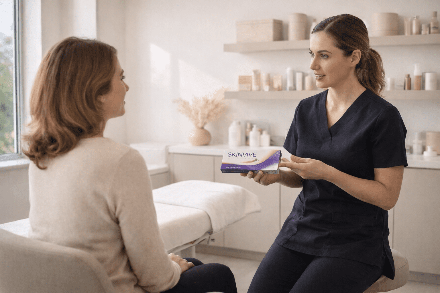 provider holding skinvive product box during consultation