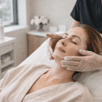Woman receiving a professional anti-aging facial treatment at a skincare clinic