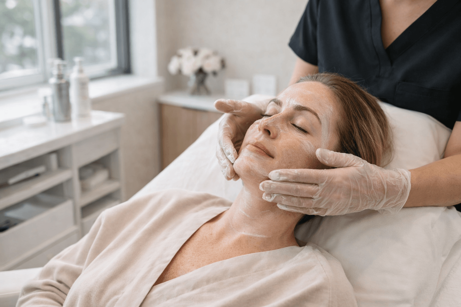 woman receiving a professional anti-aging facial treatment at a skincare clinic