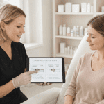 Skincare specialist explaining dermal filler options to a client using a tablet