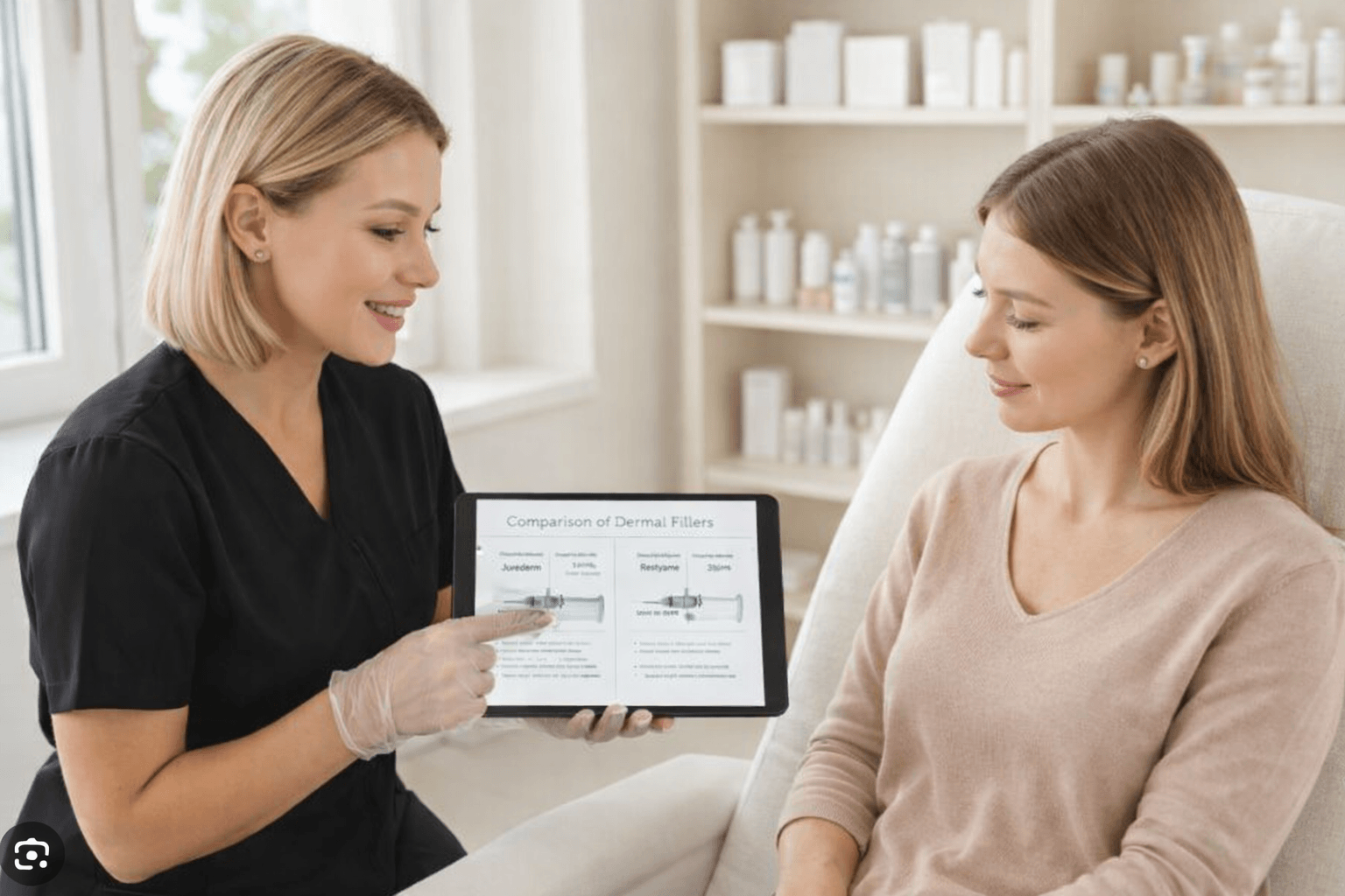skincare specialist explaining dermal filler options to a client using a tablet