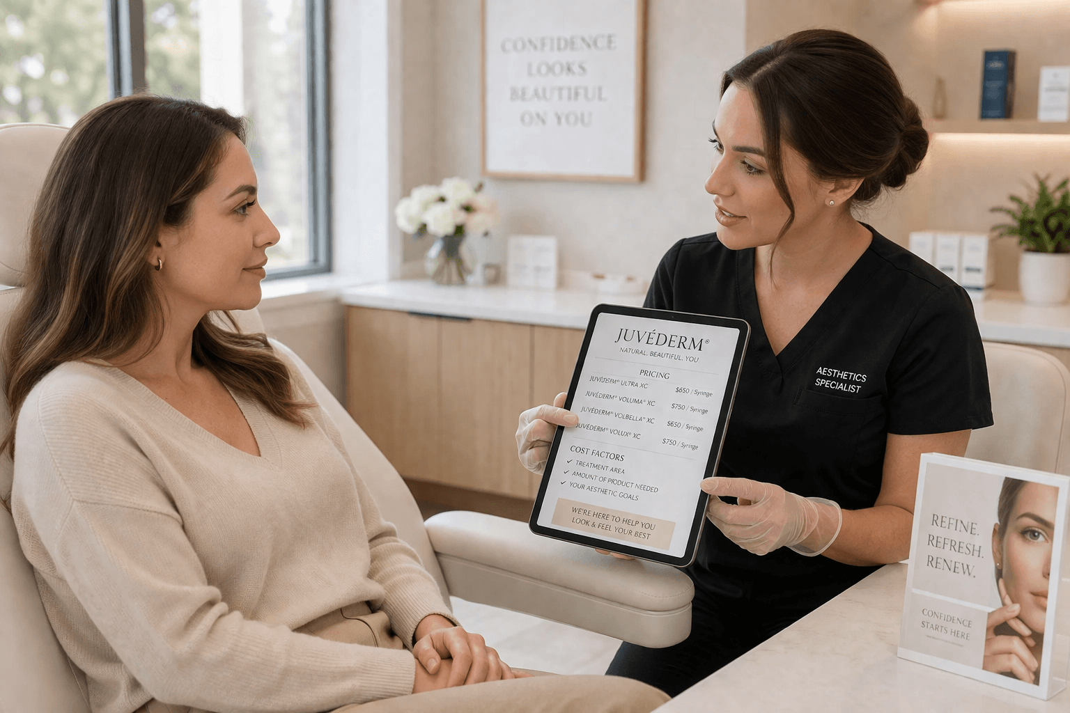 provider explaining juvederm pricing and treatment options to a client