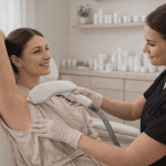 Technician performing laser hair removal treatment on a woman's underarm