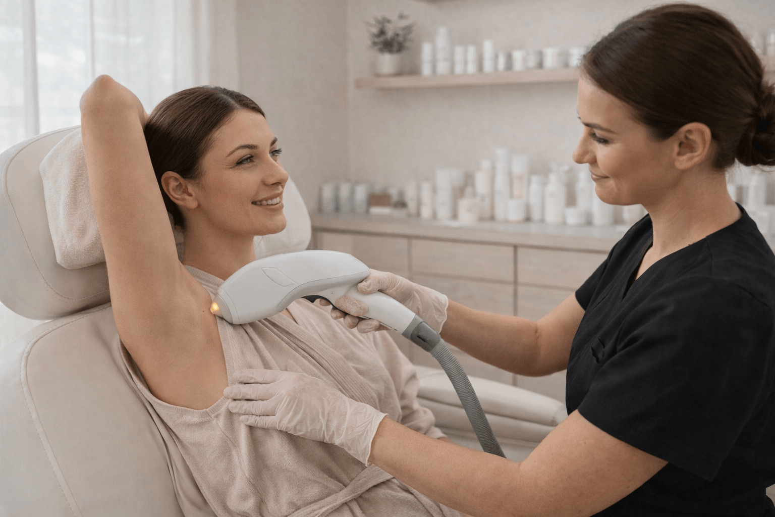 technician performing laser hair removal treatment on a woman's underarm