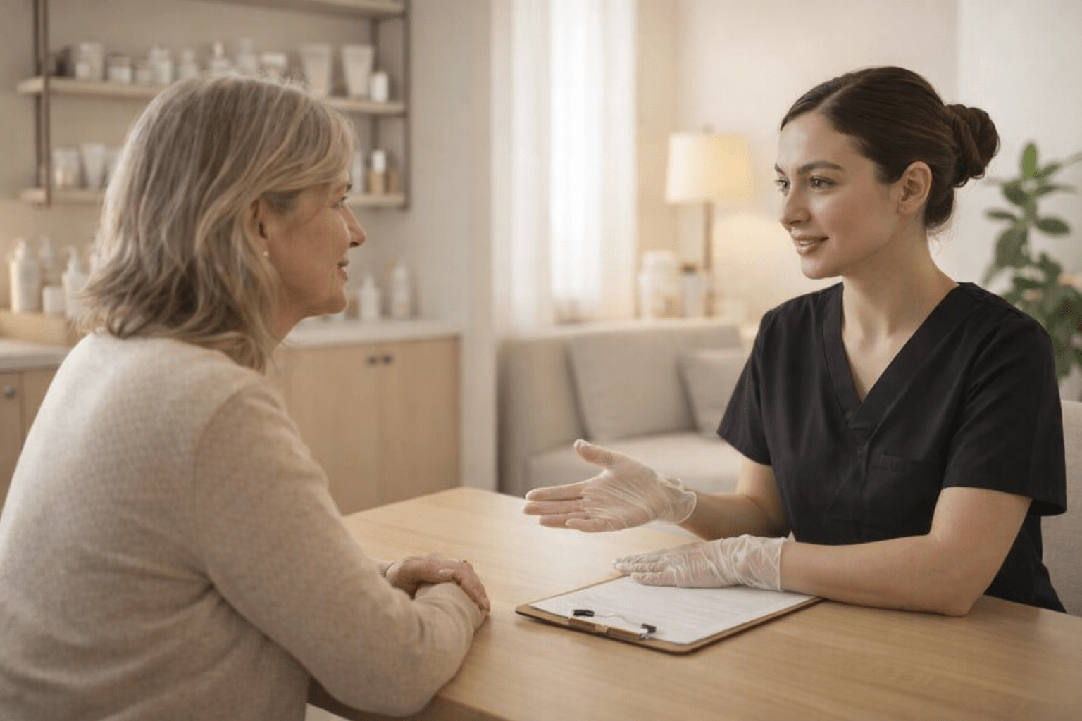 skincare specialist consulting with a client about treatment options