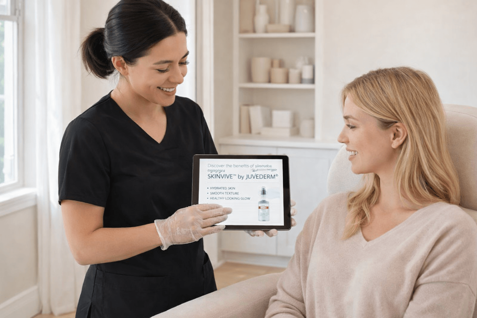 aesthetician presenting skinvive treatment benefits to a client on a tablet