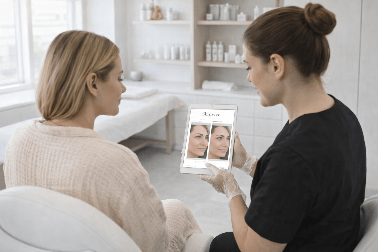 skincare specialist showing skinvive before and after results to a client