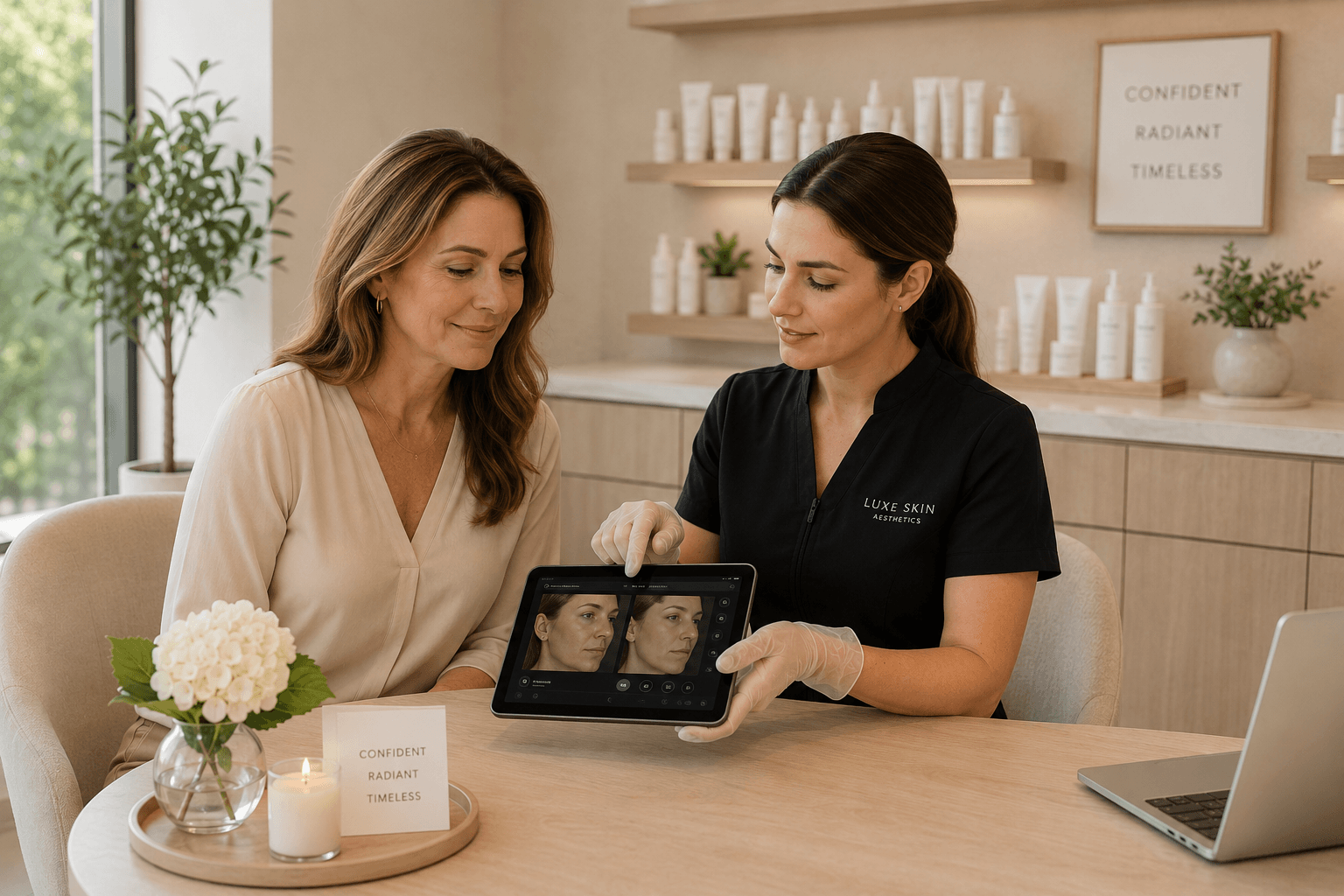 esthetician showing before and after skin treatment results on a tablet
