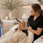 Esthetician performing a Hydrafacial treatment on a client at a luxury med spa