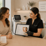 Med spa provider reviewing a laser treatment plan with a client on a tablet