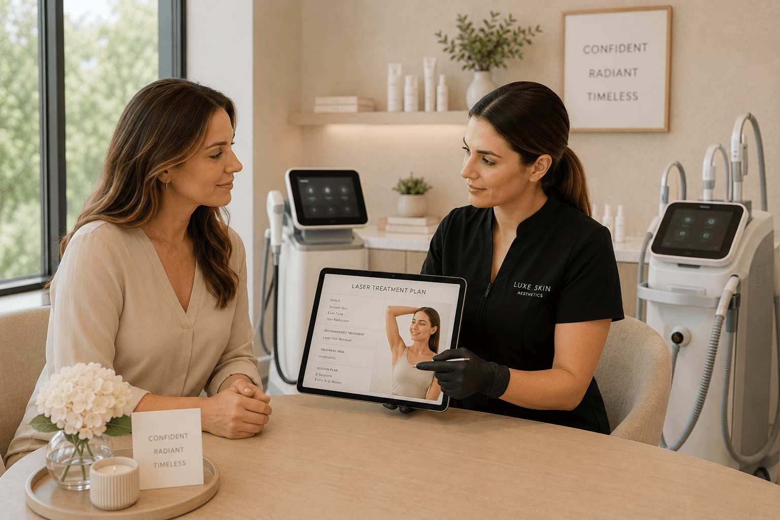 2026 06 skincareinstitutenet img laser consultation treatment plan v1 skin care institute - med spa provider reviewing a laser treatment plan with a client on a tablet