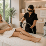 Laser hair removal treatment being performed on a client’s legs