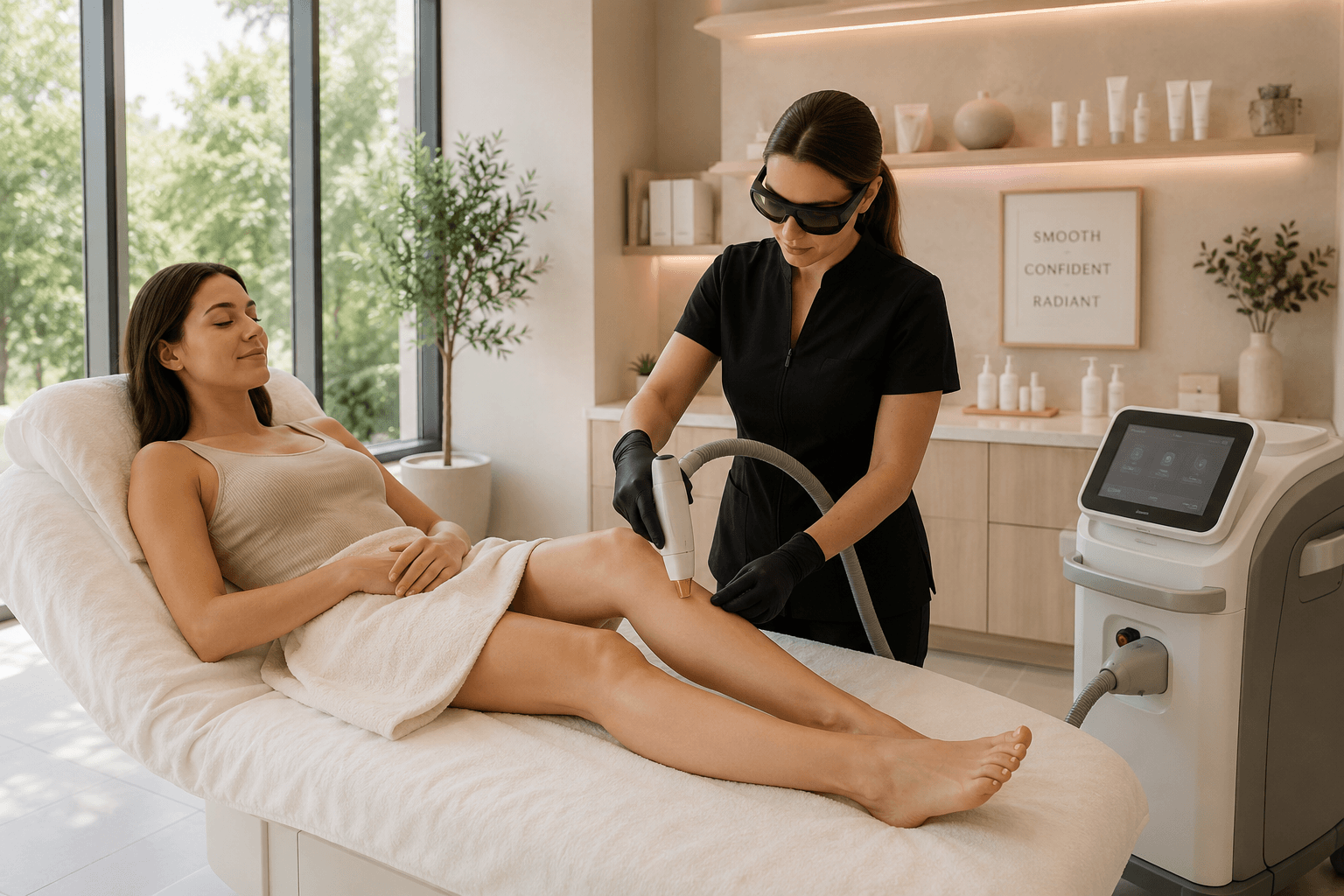 laser hair removal treatment being performed on a client’s legs