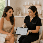 Client reviewing a laser hair removal treatment schedule with a med spa provider