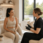 Med spa provider explaining post-laser skincare instructions to a client