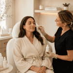 Esthetician applying skincare product to a client during a facial consultation