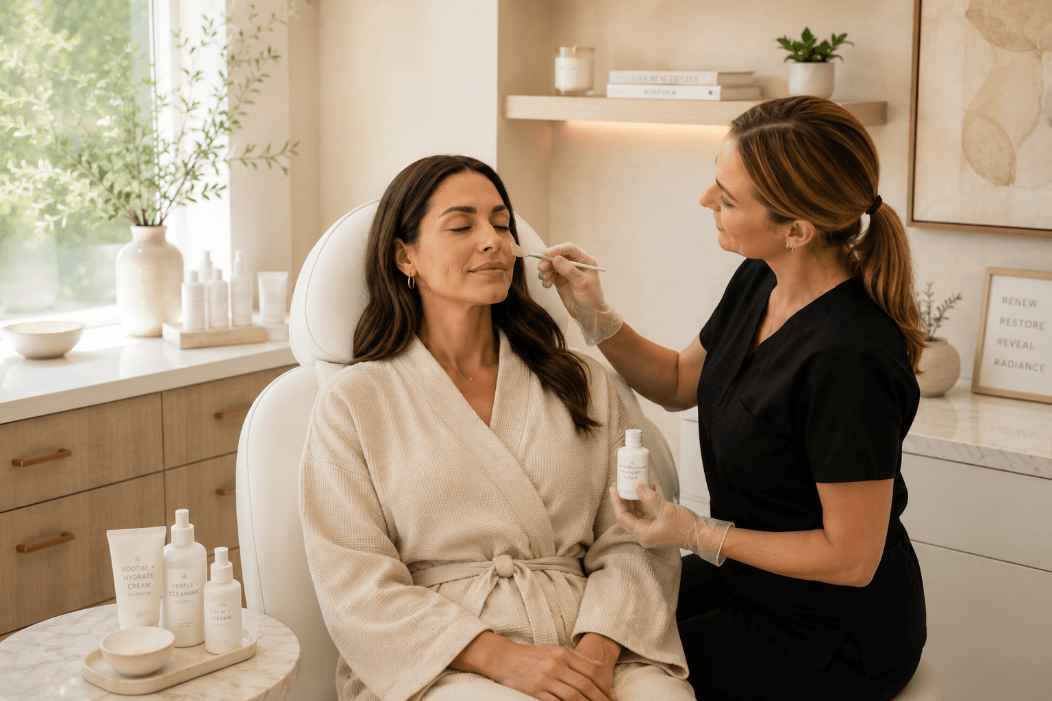 2026 06 skincareinstitutenet img skincare application consultation v1 skin care institute - esthetician applying skincare product to a client during a facial consultation