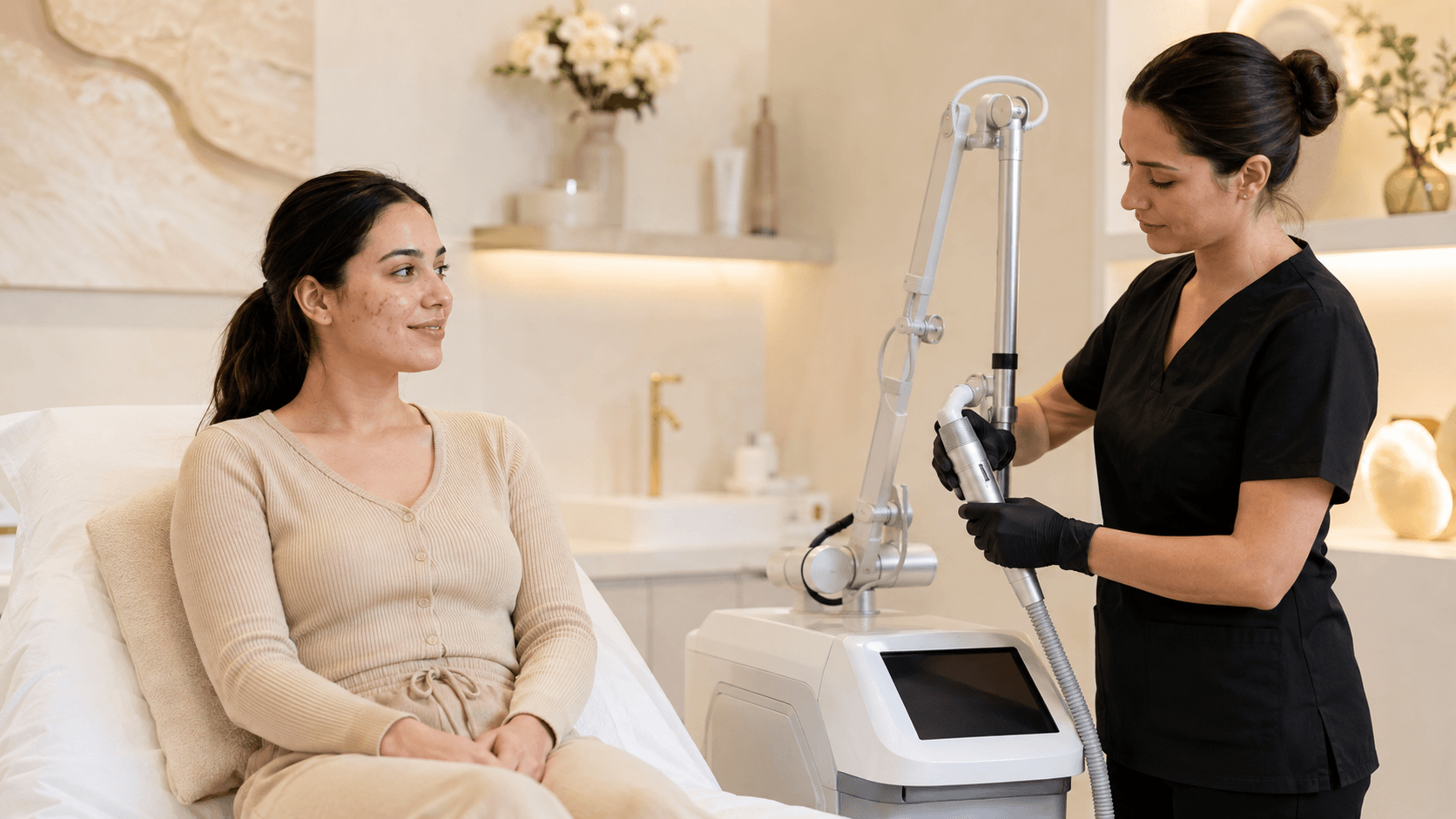 patient with facial acne preparing for an aesthetic skin treatment