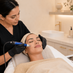Aesthetic provider performing a microneedling treatment on a patient's cheek