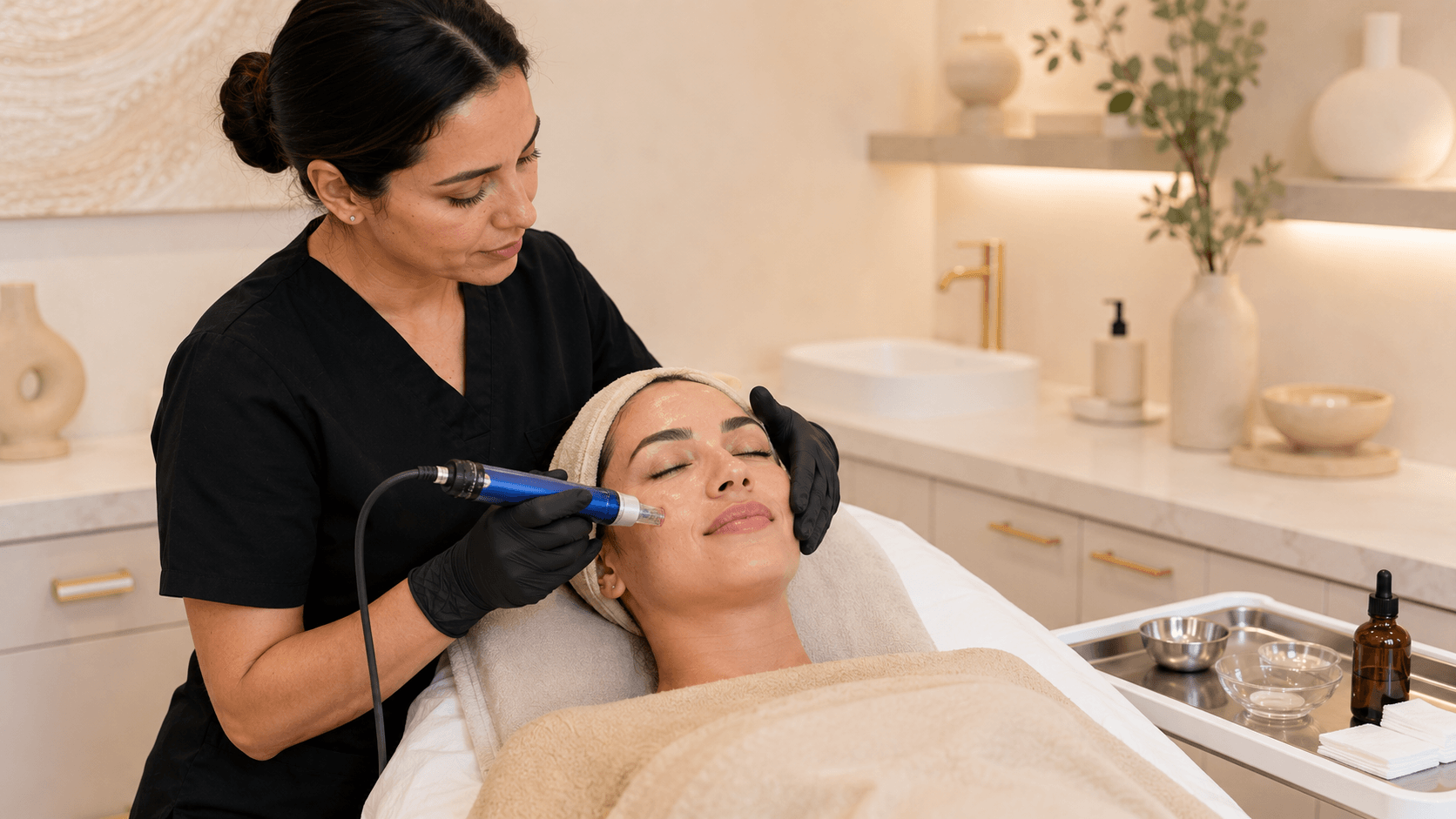 2026 09 skincareinstitutenet img microneedling facial treatment v1 skin care institute - aesthetic provider performing a microneedling treatment on a patient's cheek