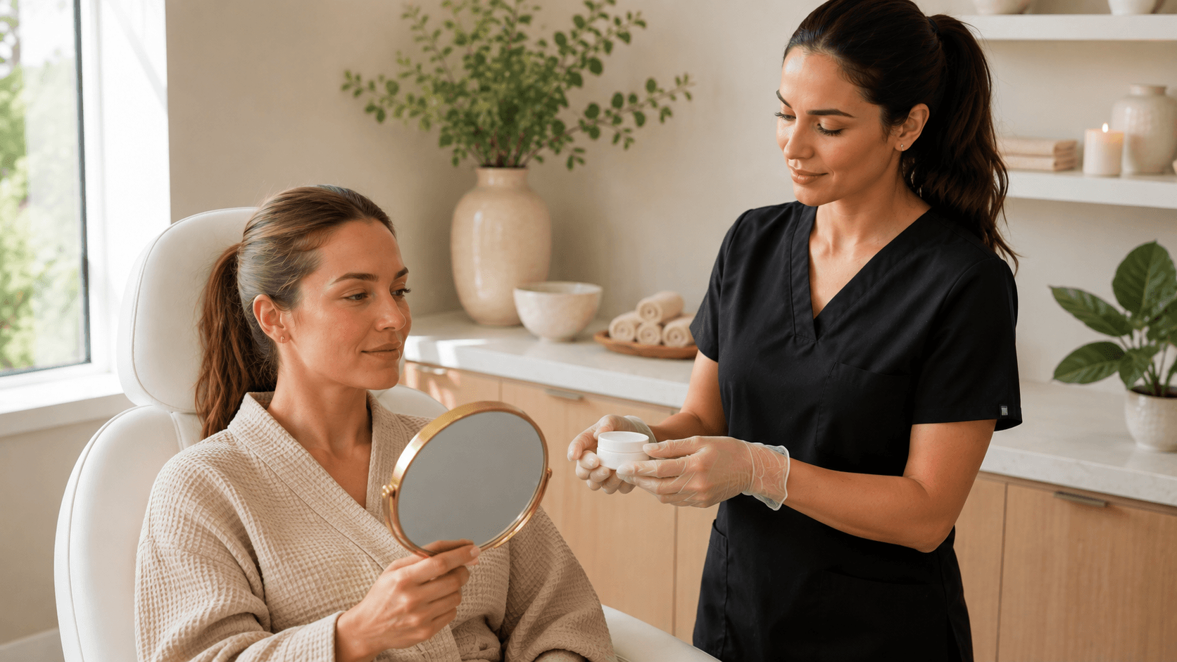 patient looking in a mirror while an aesthetic provider offers skincare
