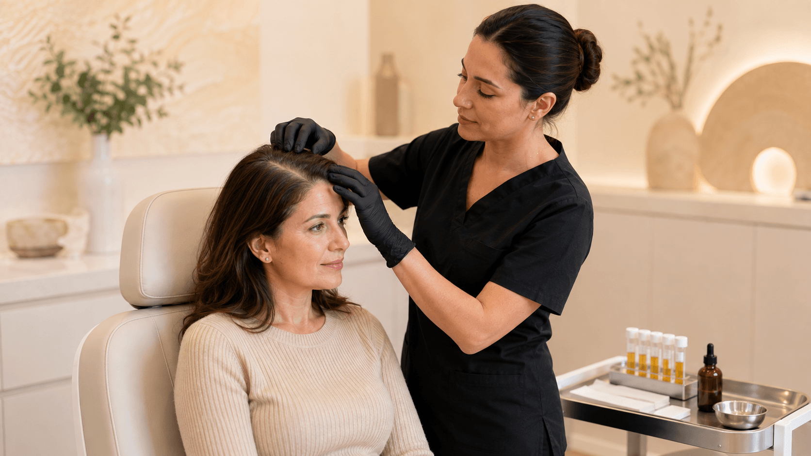 2026 09 skincareinstitutenet img scalp consultation v1 skin care institute - aesthetic provider examining a patient's scalp during a consultation