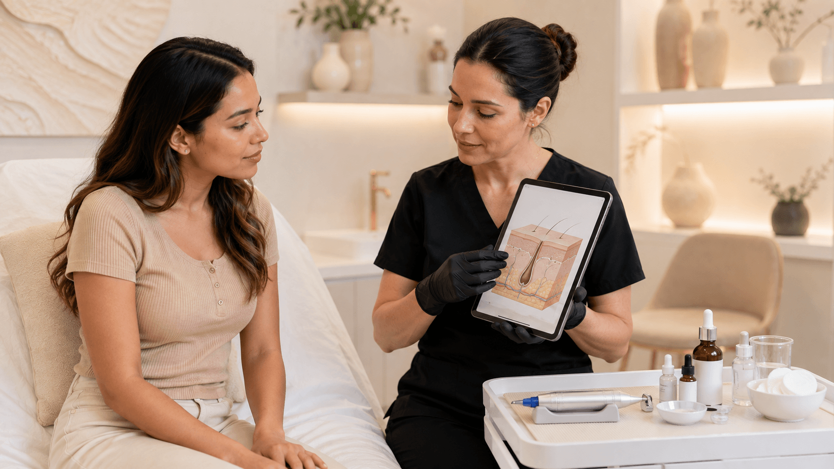 aesthetic provider explaining skin anatomy to a patient during a consultation