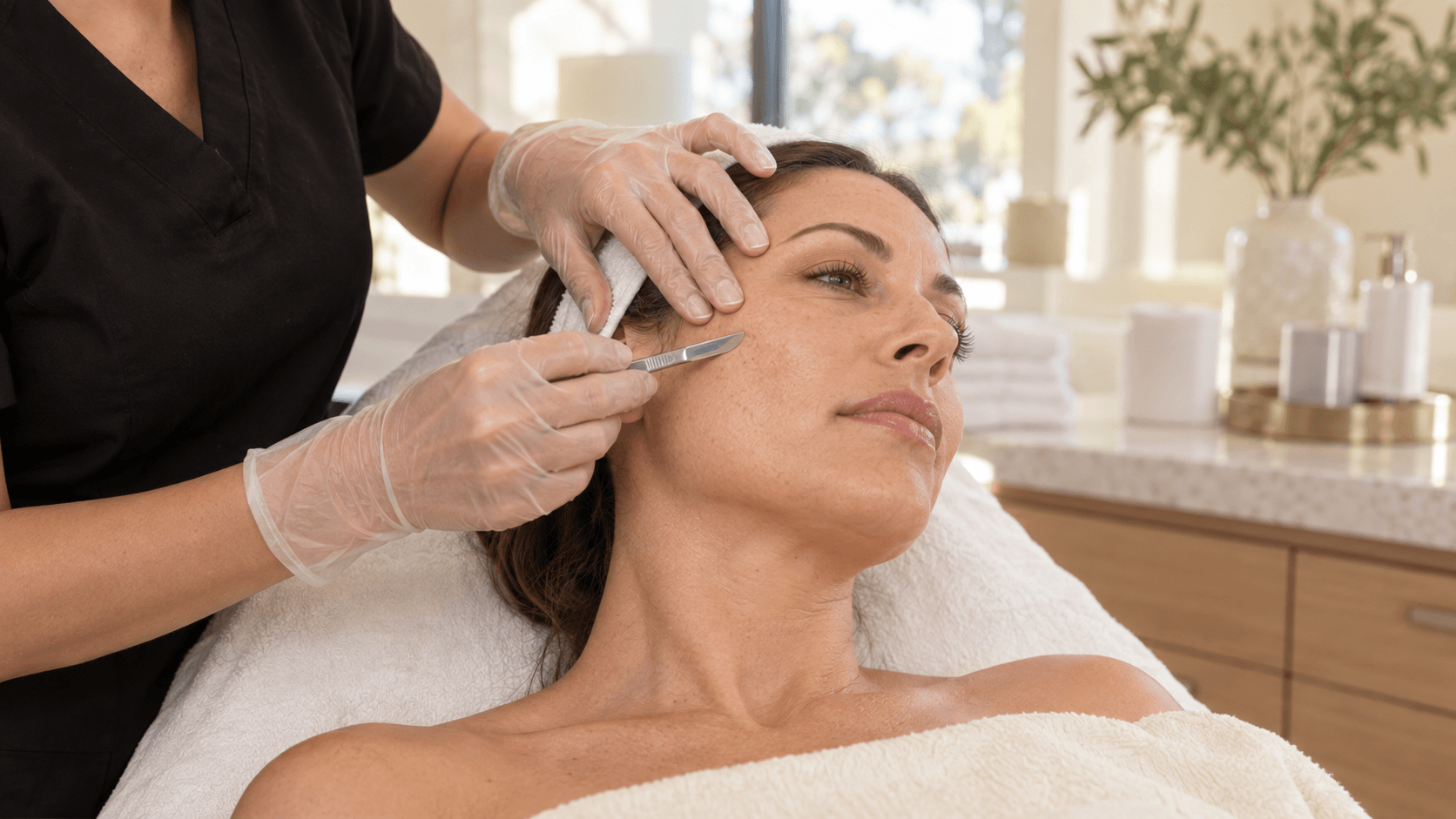 2026 10 skincareinstitutenet img dermaplaning facial treatment v1 skin care institute - skincare professional performing a dermaplaning treatment on a woman's cheek.