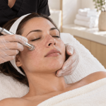 Woman receiving a facial resurfacing treatment on her cheek at a skincare clinic.