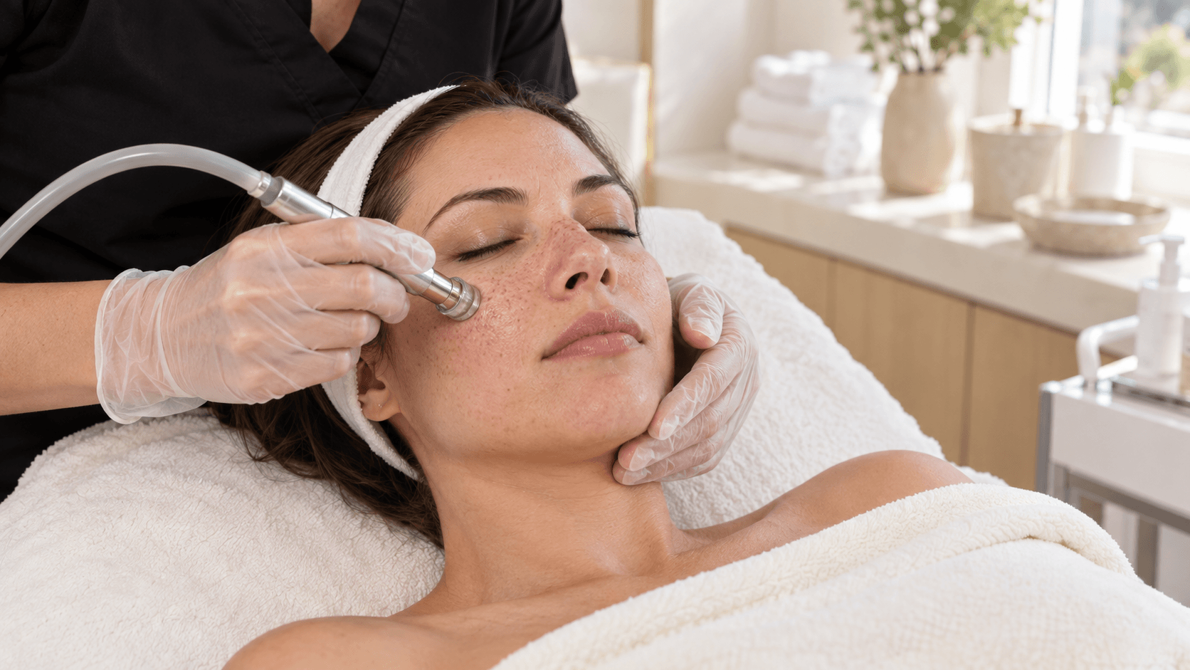 woman receiving a facial resurfacing treatment on her cheek at a skincare clinic.