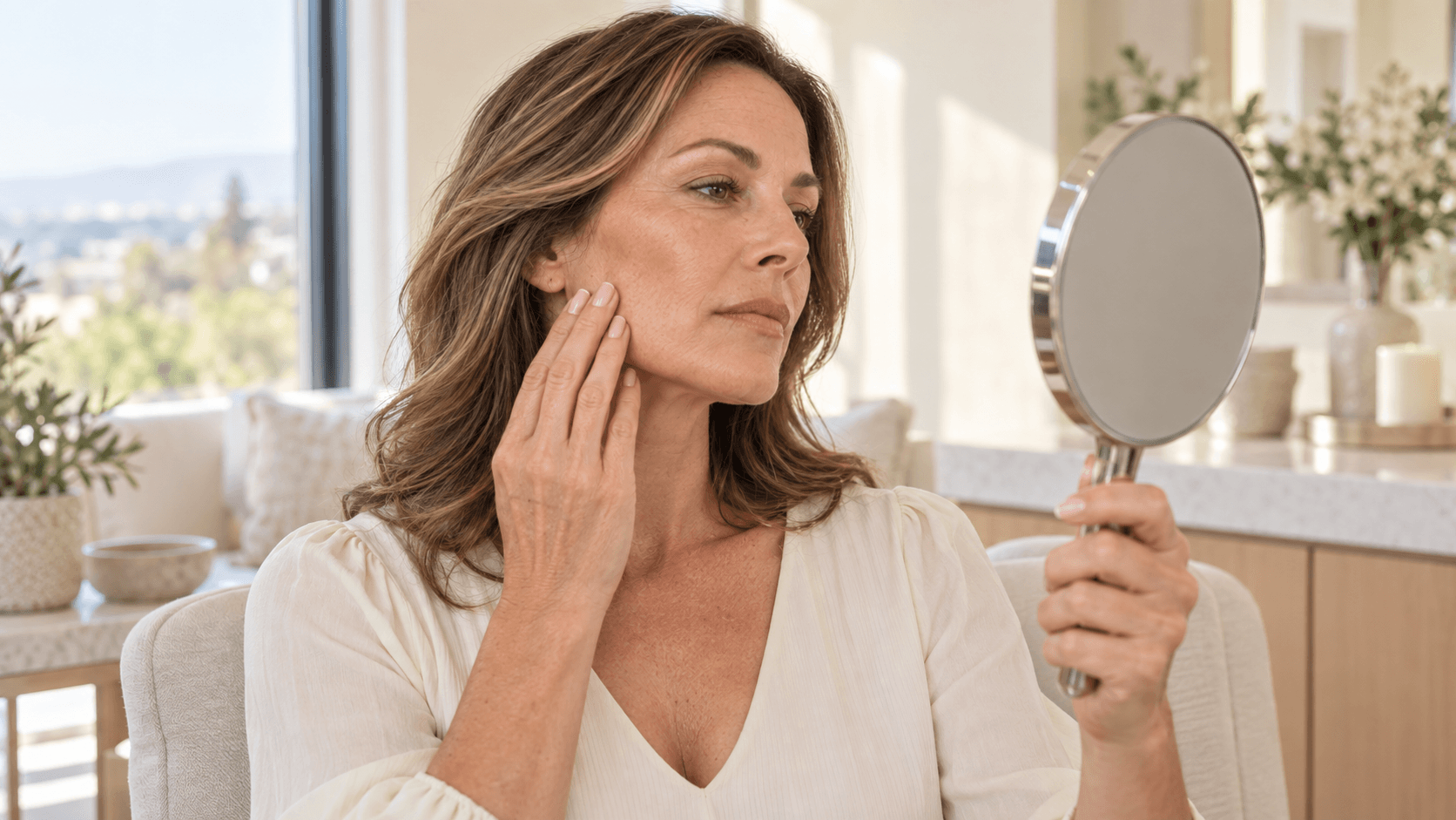 woman examining the skin on her cheek and jawline in a handheld mirror.