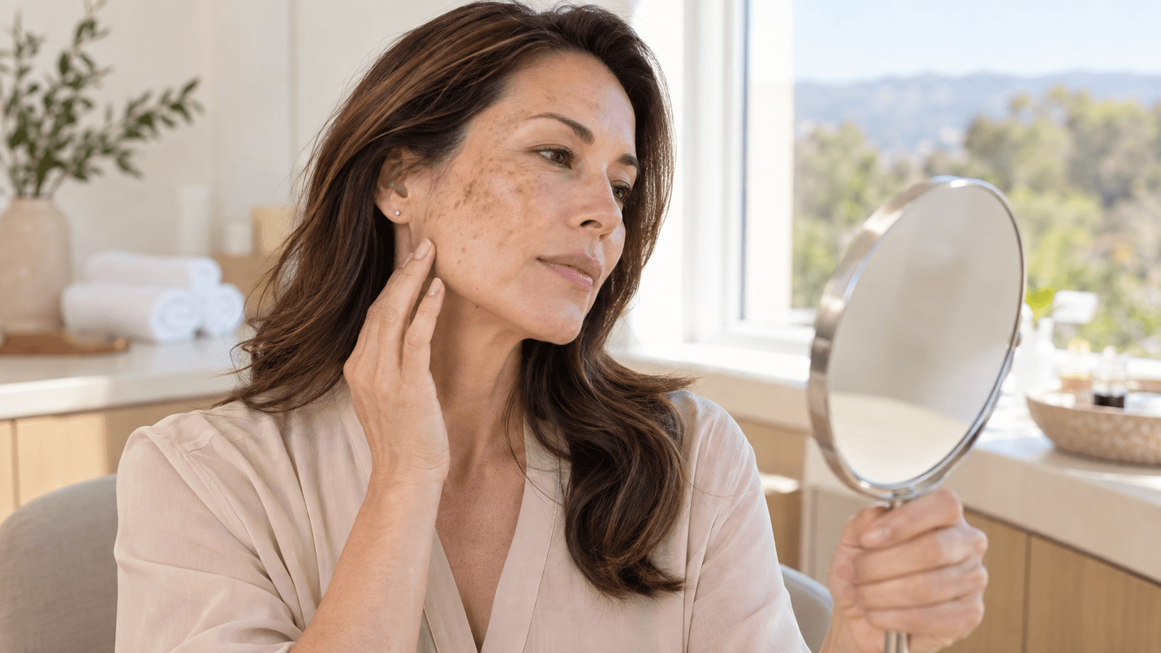 woman examining visible dark spots and pigmentation on her cheek in a mirror.