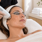 Woman receiving a laser skin treatment on her cheek at a skincare clinic.