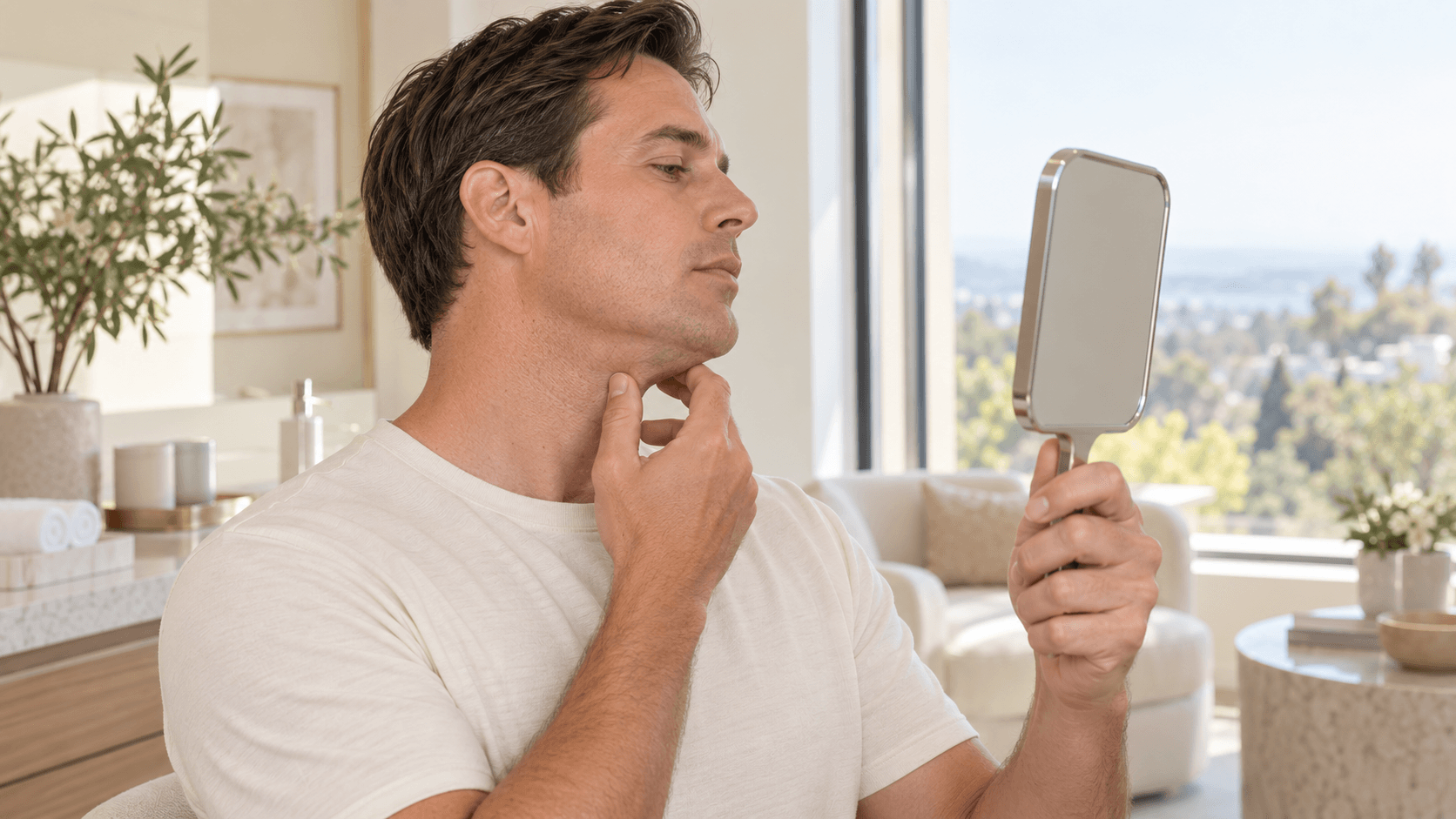 man examining the skin along his jawline while looking in a handheld mirror.