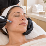 Woman receiving a microneedling treatment on her cheek at a skincare clinic.