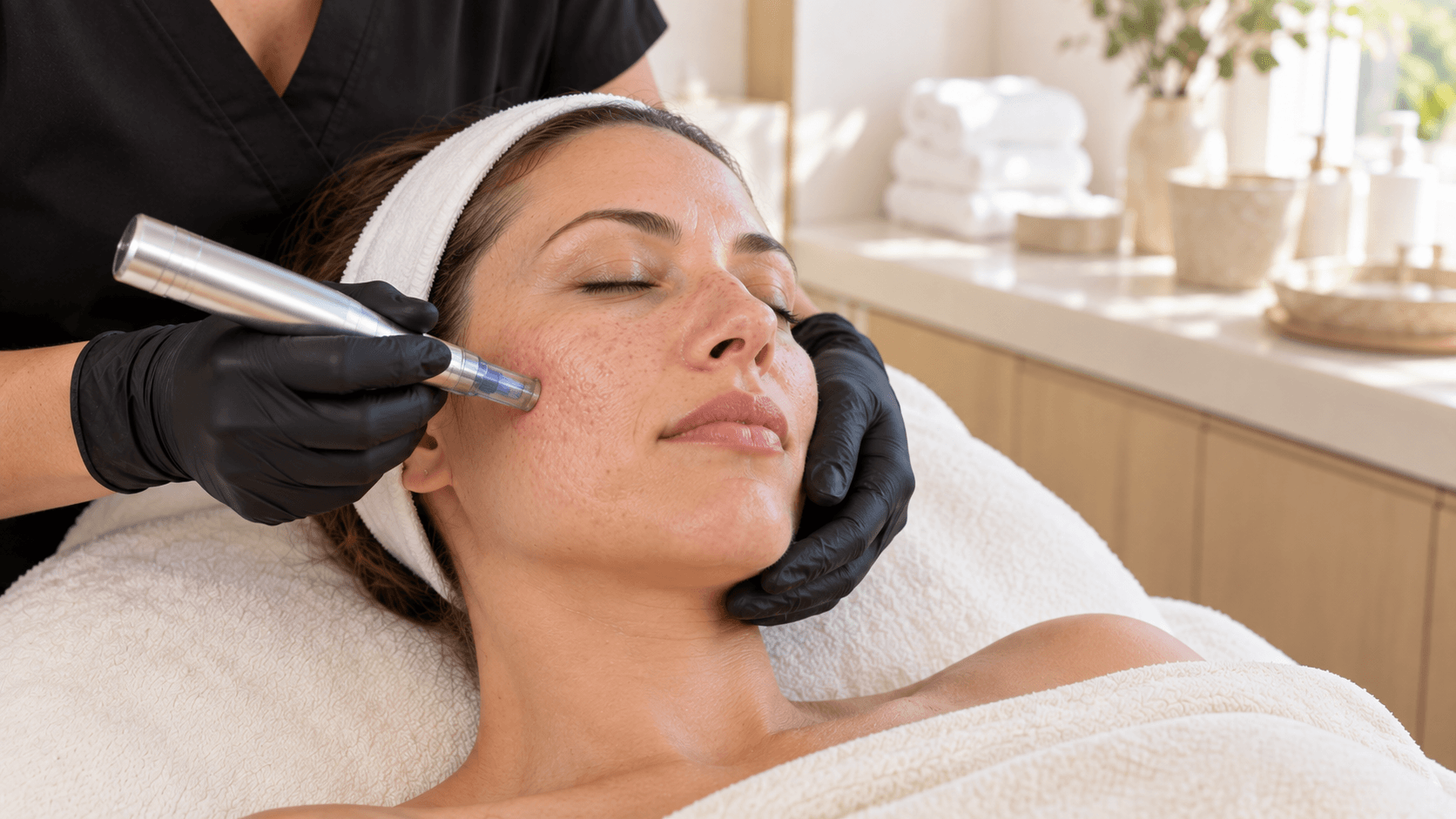 2026 10 skincareinstitutenet img microneedling facial treatment v1 skin care institute - woman receiving a microneedling treatment on her cheek at a skincare clinic.