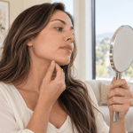 Woman examining the skin along her jawline in a handheld mirror.