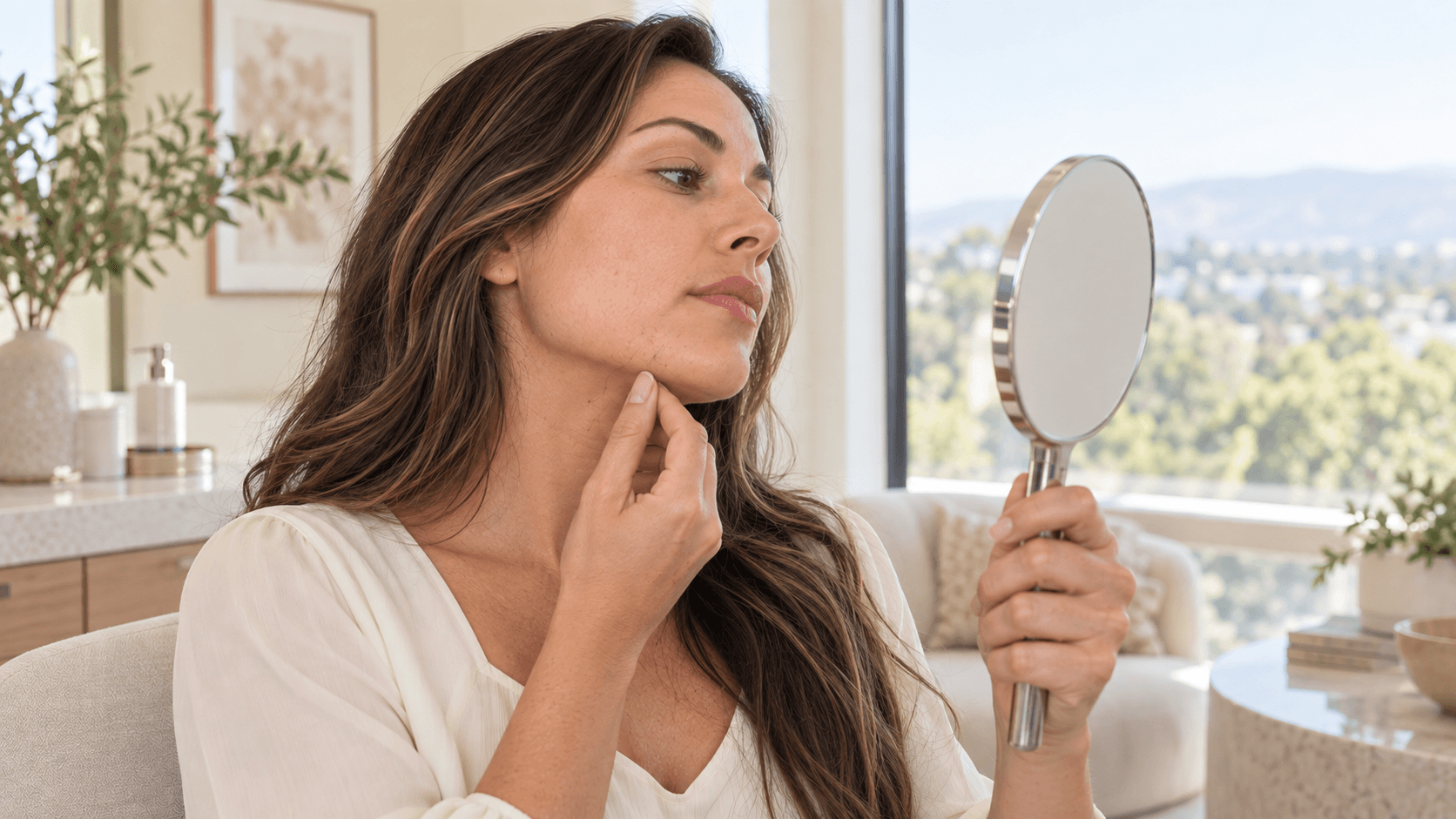 2026 10 skincareinstitutenet img skin concern consultation v1 skin care institute - woman examining the skin along her jawline in a handheld mirror.