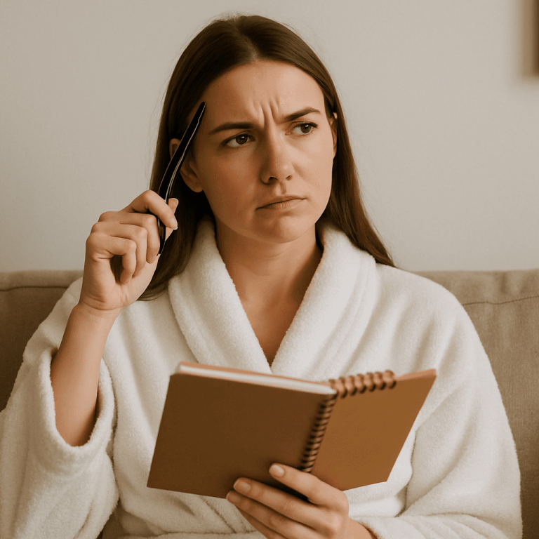 2025 07 skincareinstitutenet woman journaling bathrobe pensive expression