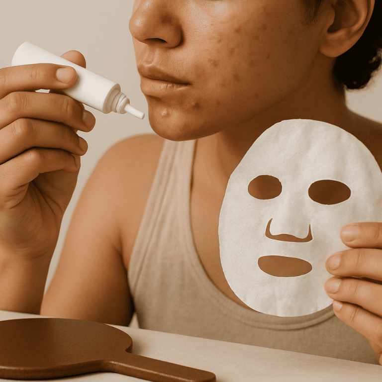 Person with acne applying spot treatment to chin while holding a sheet mask.