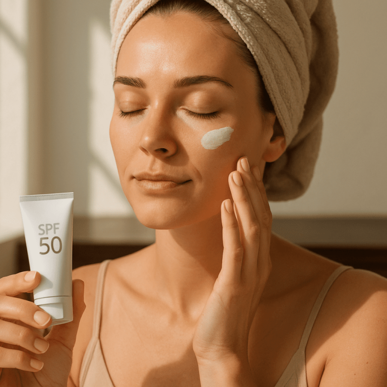 Woman applying SPF 50 sunscreen to her face while holding the tube, sitting by a sunny window with a towel on her head.