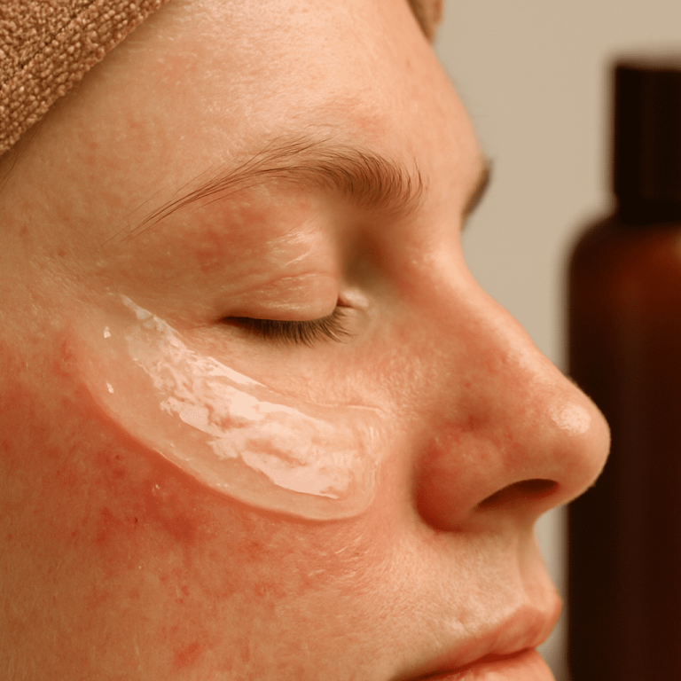 Close-up of a woman’s face with a gel patch under her eye, skin showing redness and irritation.