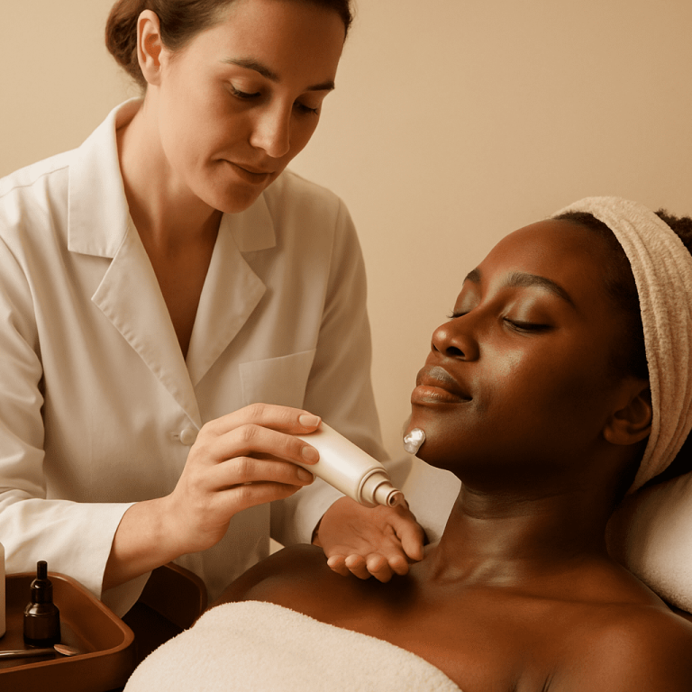 Esthetician applying a skincare product to a woman’s chin and neck during a professional facial treatment.