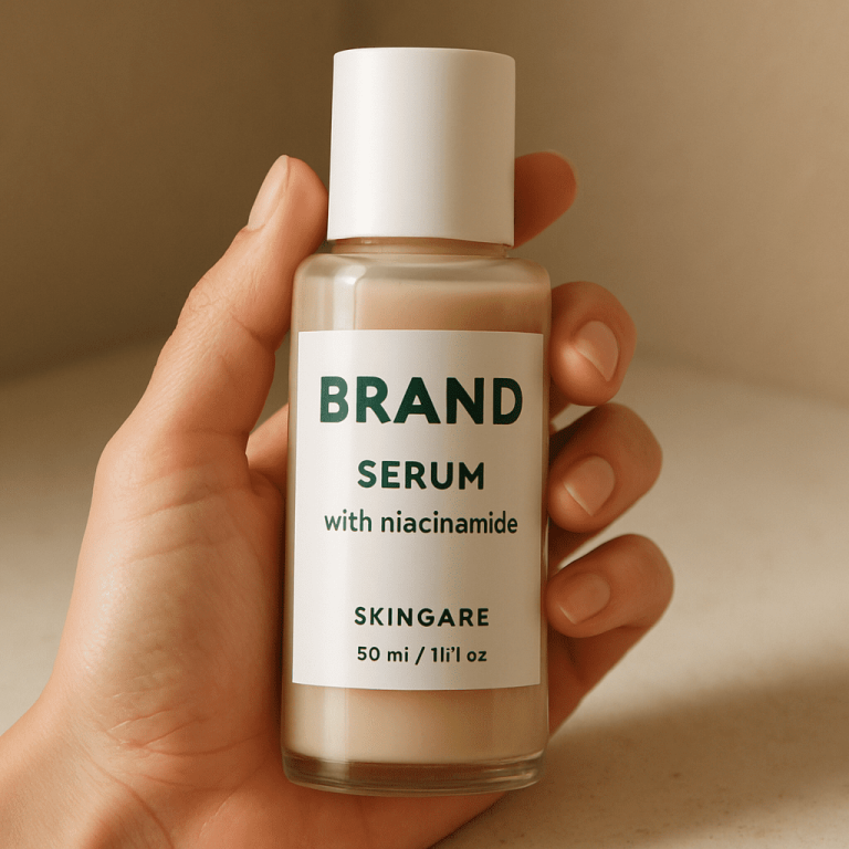 Hand holding a bottle of facial serum labeled "Brand Serum with niacinamide."
